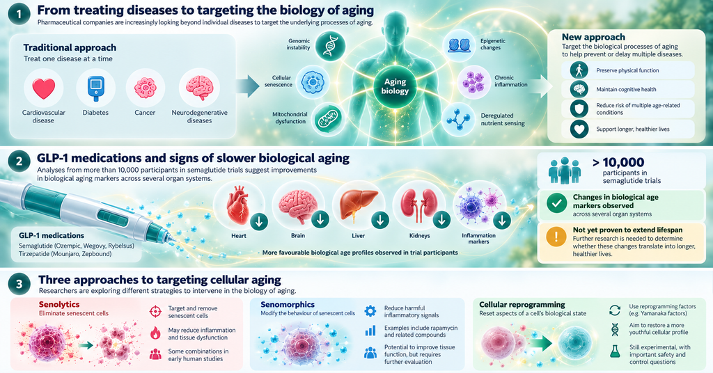 Big Pharma is investing in longevity drugs to target aging. Discover GLP-1 research, biological age tests and the future of healthy longevity.